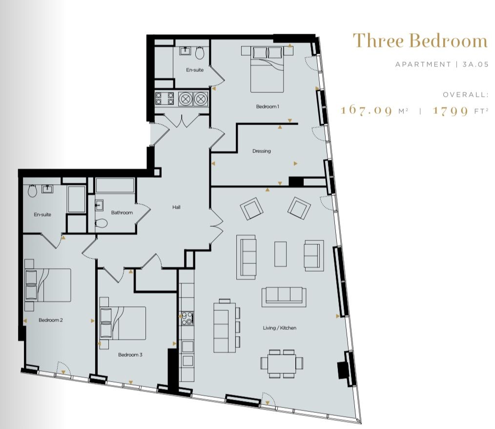 Floor plan of a three-bedroom apartment, with dimensions and layout of rooms like bedrooms, kitchen, and living area.