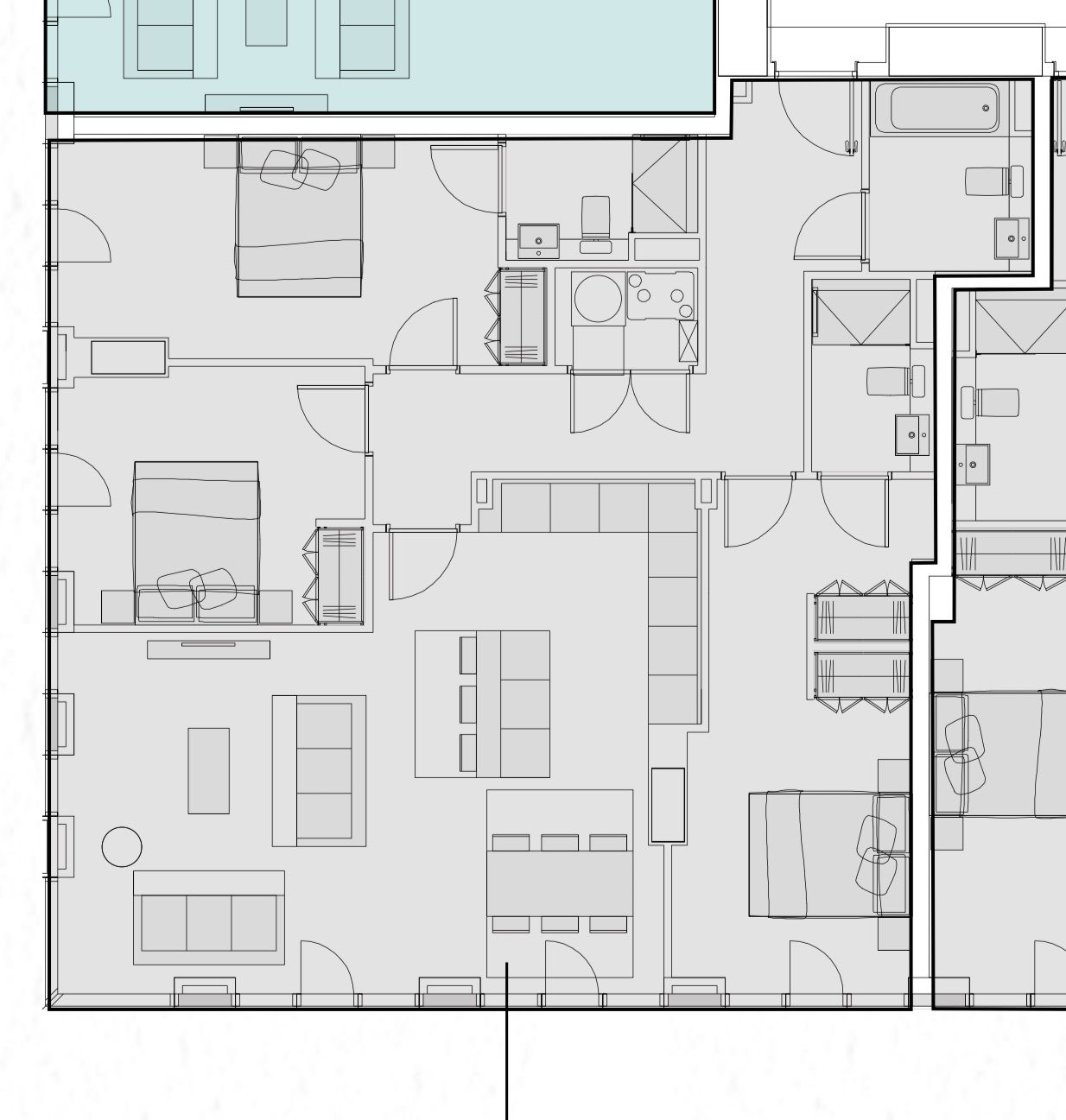 Floor plan of a house, featuring bedrooms, bathrooms, living and dining areas. Blue-colored section on top.