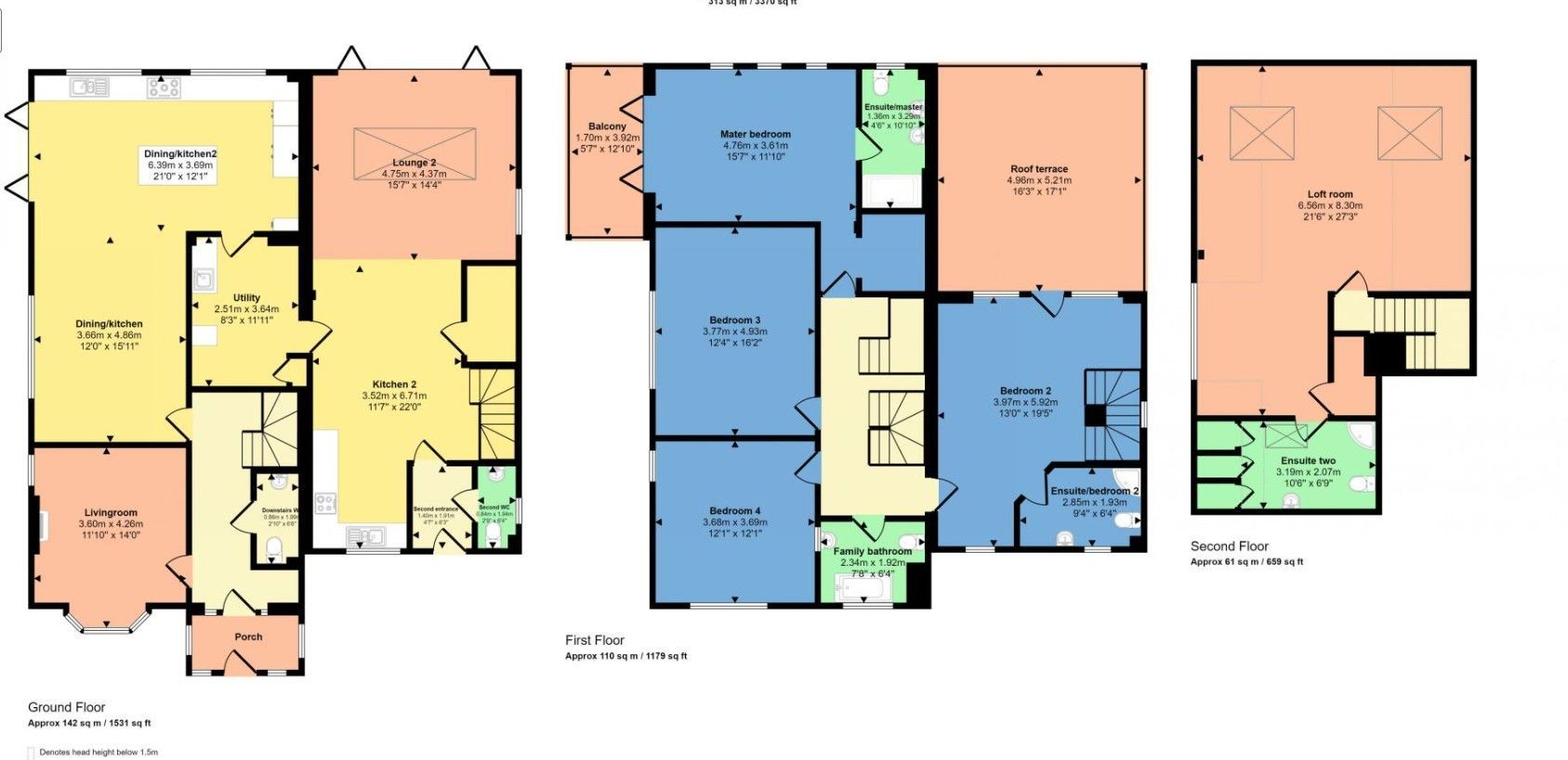 Floor plans showing layout of a house with different colored rooms, doors and windows.