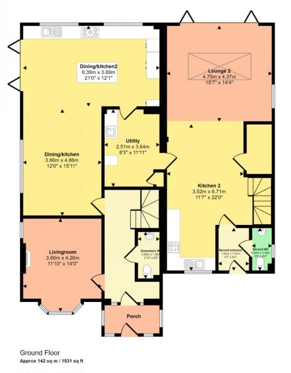 Floor plan of a house, showcasing the ground floor with rooms in various colors, including a kitchen, living room, and dining room.