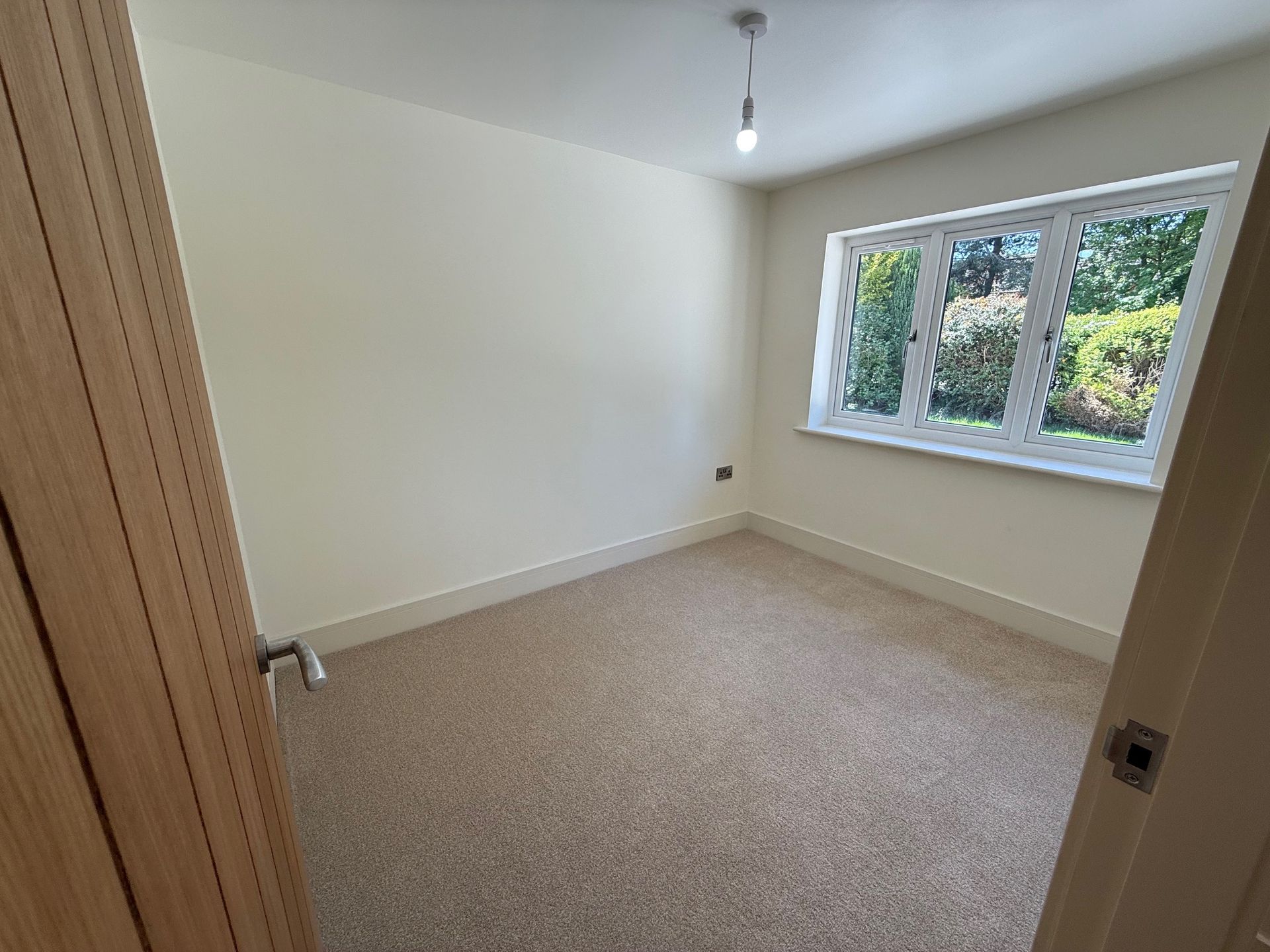 Empty room with beige carpet, cream walls, and a window overlooking greenery.