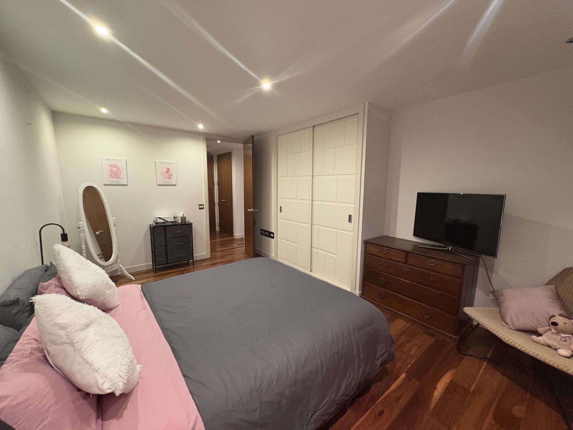 Bedroom with bed, closet, TV, mirror, dresser, and hardwood floor.