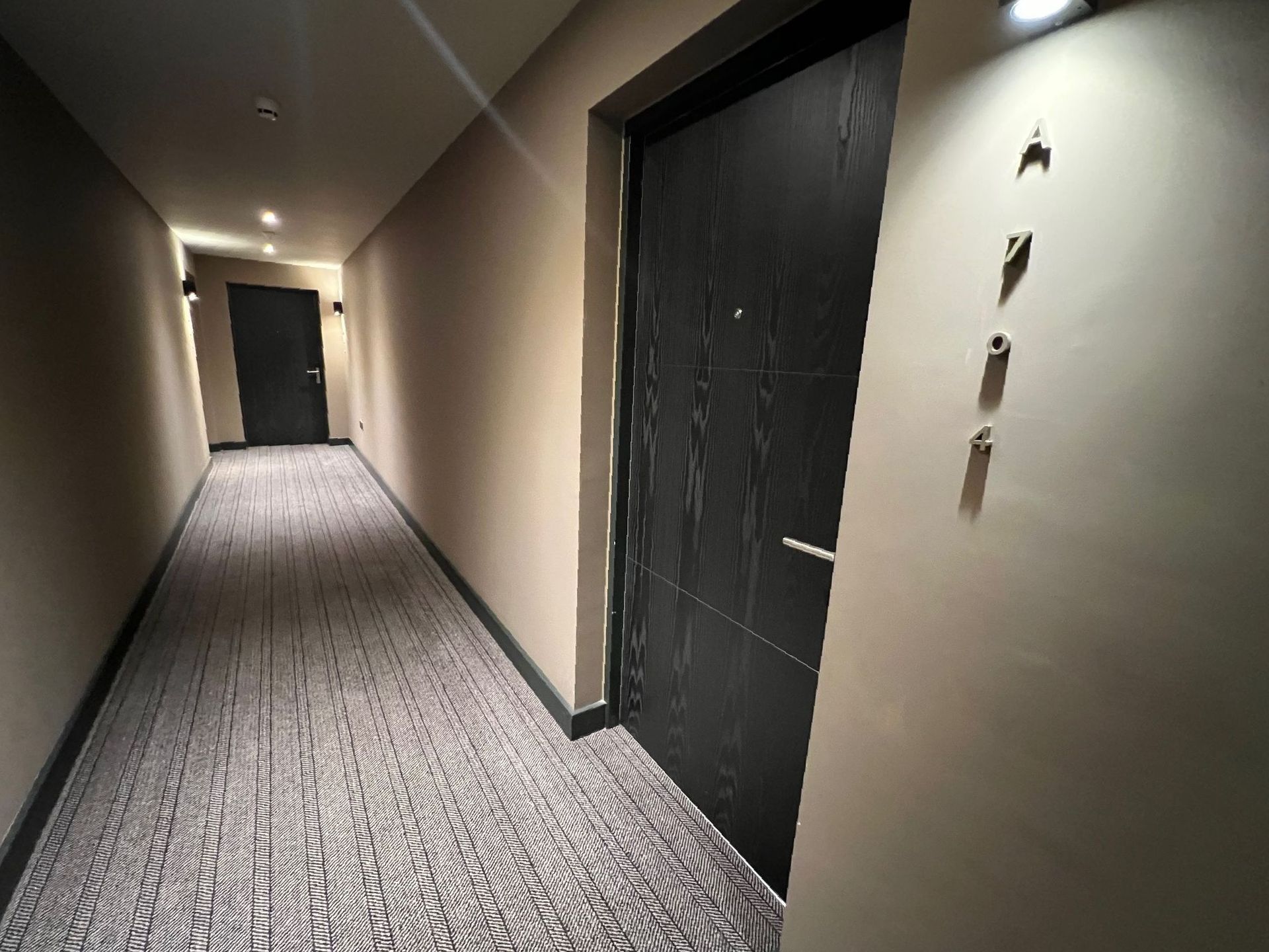 Hallway with dark doors, carpeted floor, and recessed lighting. Room number