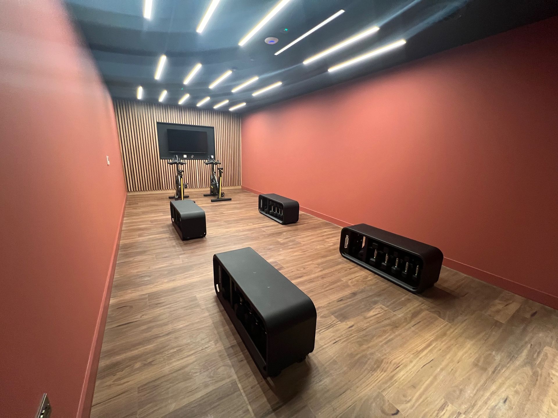 Gym room with exercise equipment, including stationary bike, benches, and TV. Red and wood tones.