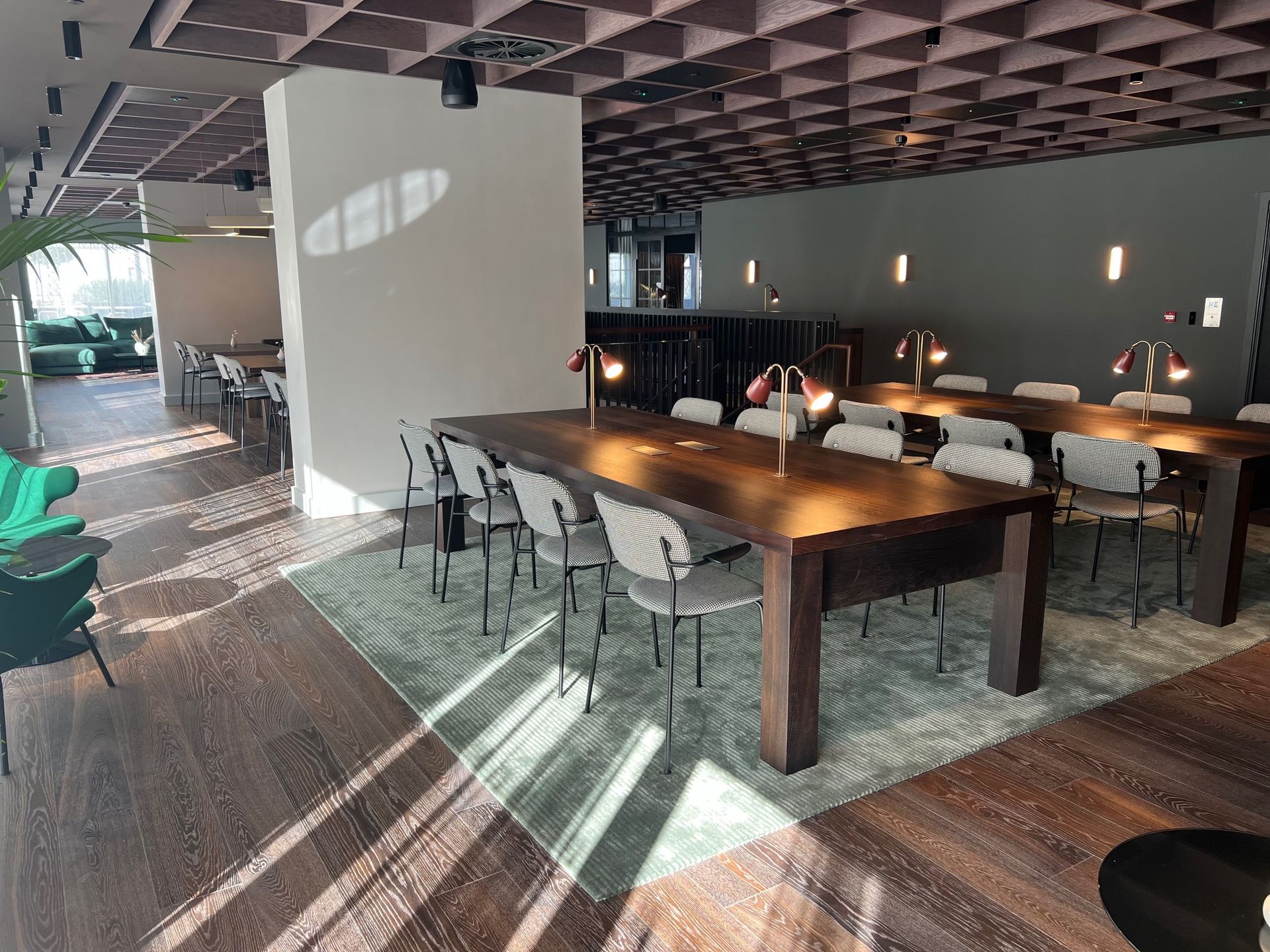 A modern workspace featuring long wooden tables, chairs, and lamps, with a light green rug and wood flooring.
