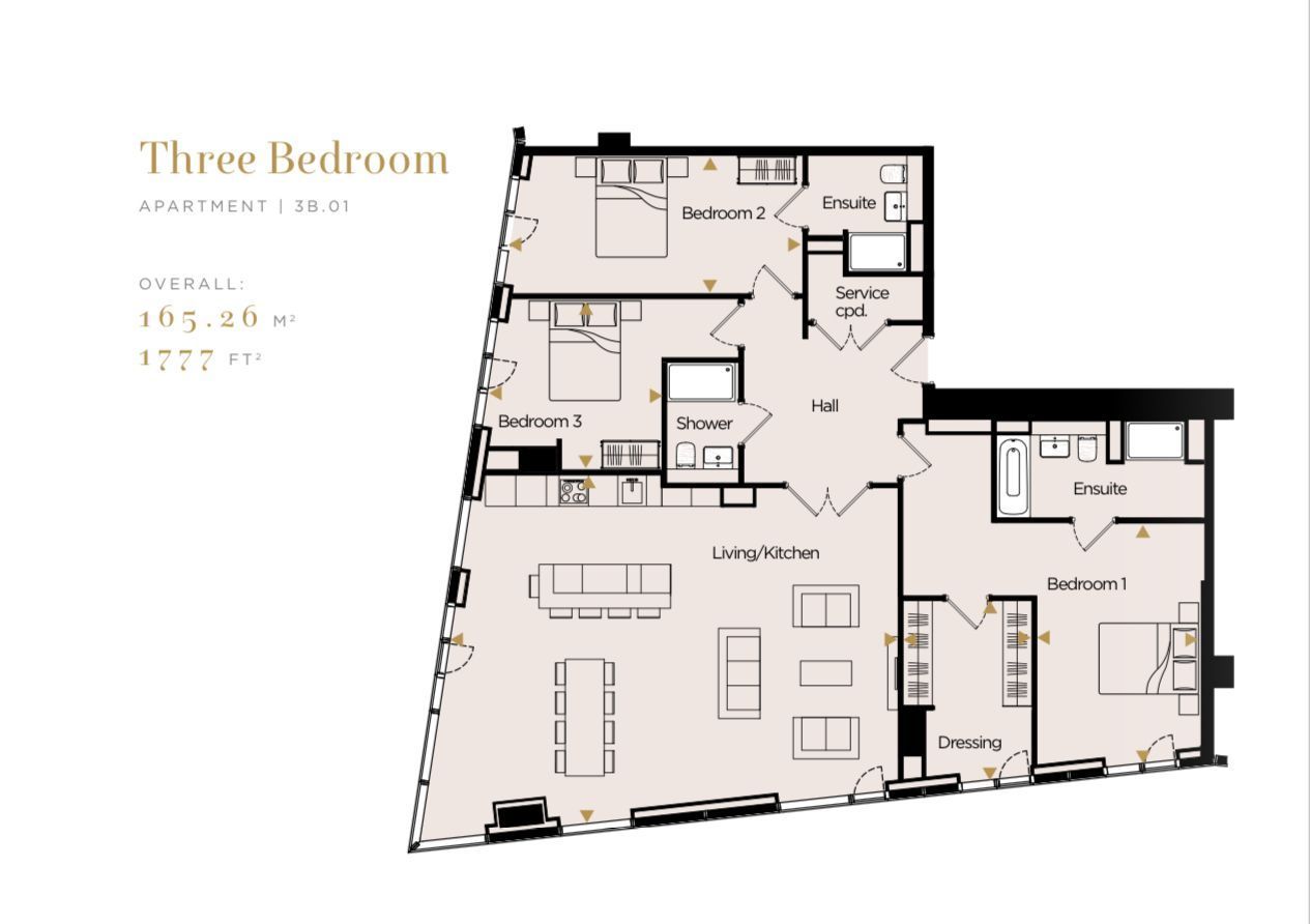 Floor plan of a three-bedroom apartment, with dimensions and room labels.