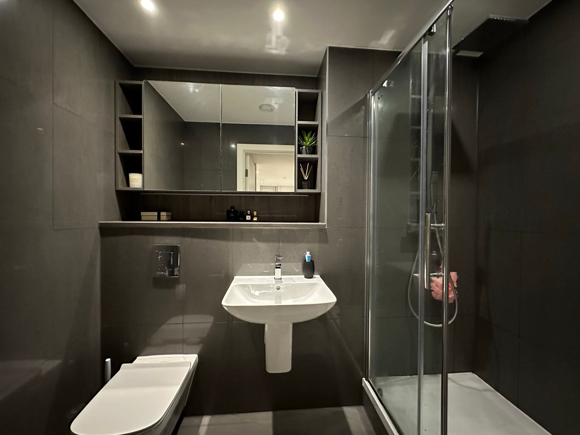 Modern bathroom with gray tiles, shower, sink, toilet, and mirror cabinet.