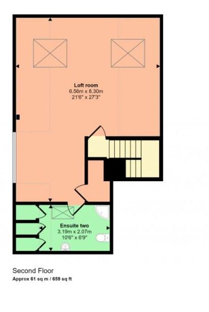 Floor plan of a second floor with a loft room, ensuite, and stairs, in shades of beige, green, and black.