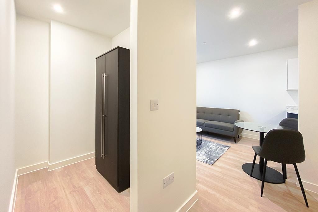 Hallway with closet on left, doorway to living room with couch and chair on right.