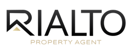 Logo for Rialto Property Agent, black letters, a house icon on the 