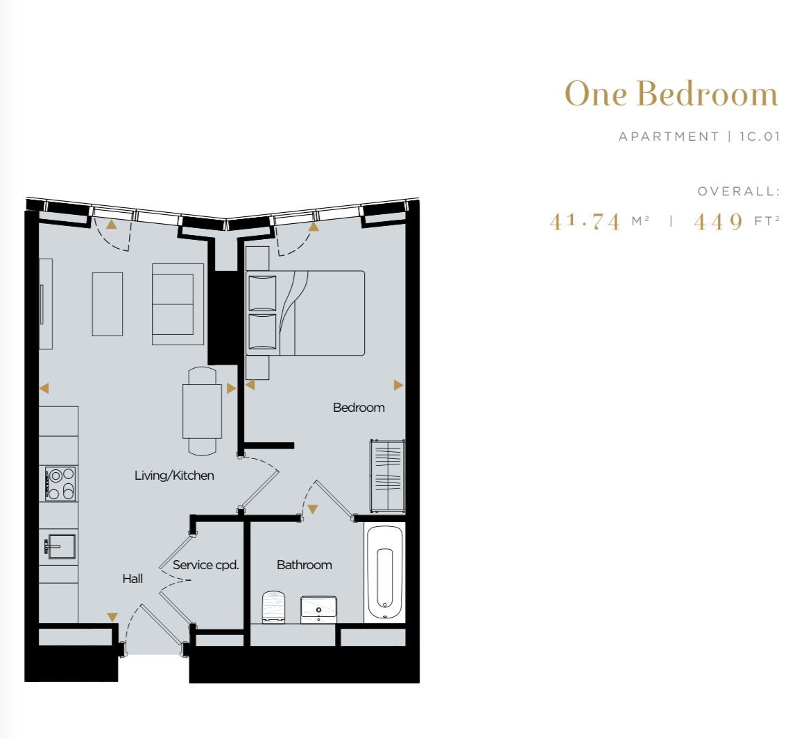 Floor plan of a one-bedroom apartment with a living/kitchen area, bedroom, and bathroom.