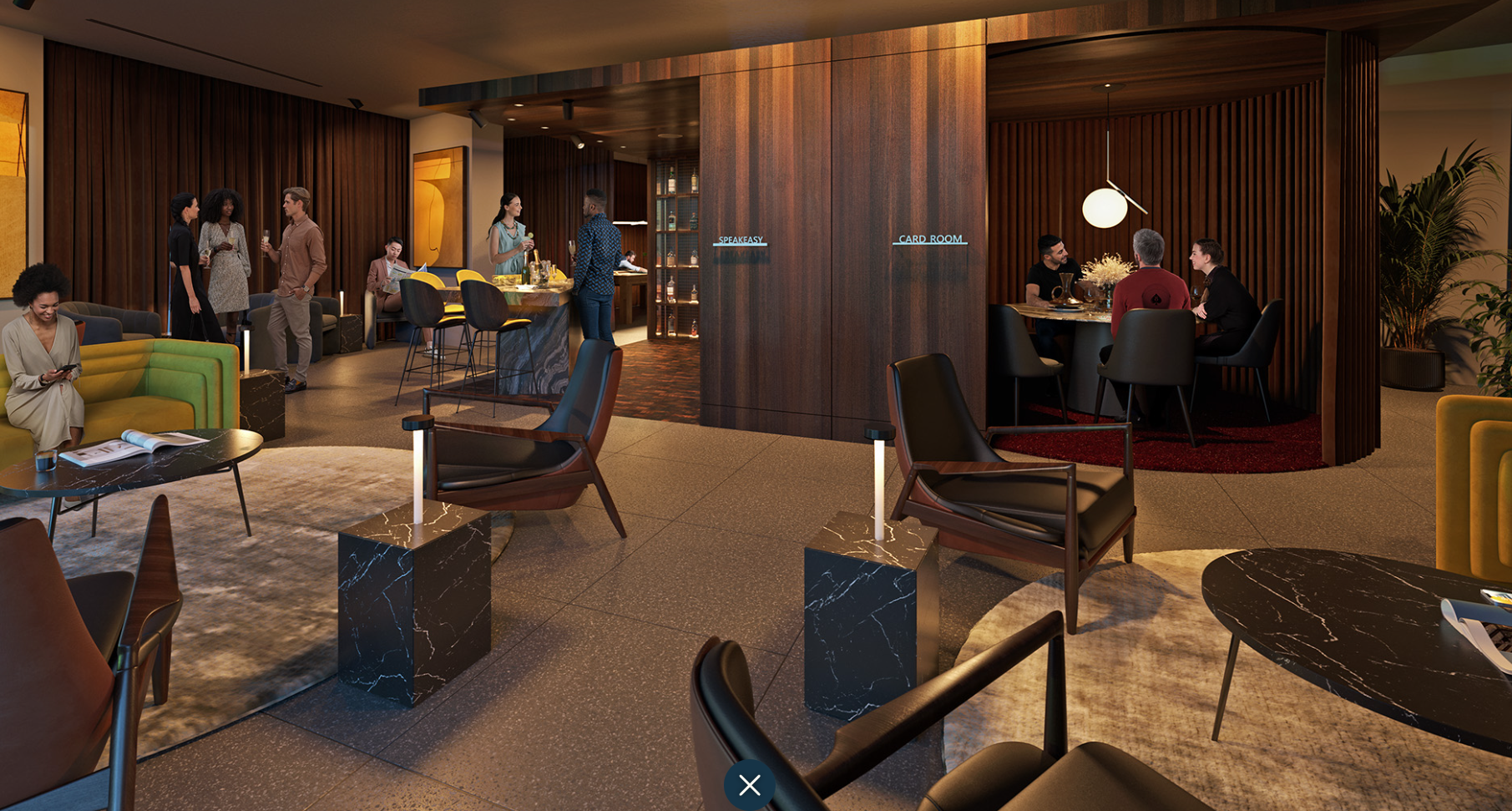 Lounge area with people seated, tables, and chairs. Wooden paneling, warm lighting, and a round dining area.