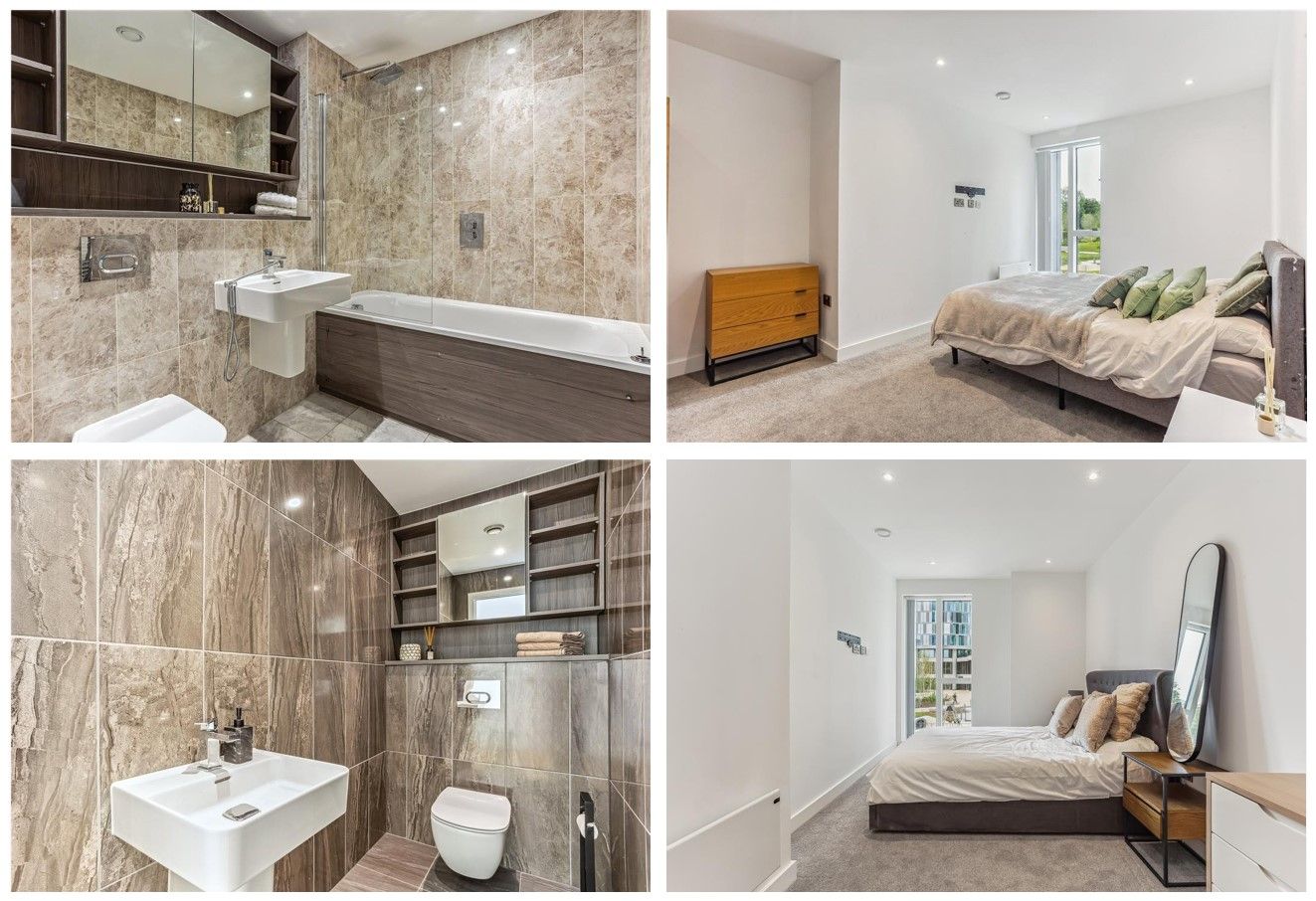 Four interior views: bathroom with tub, two bedrooms with beds and windows, and a bathroom with sink.