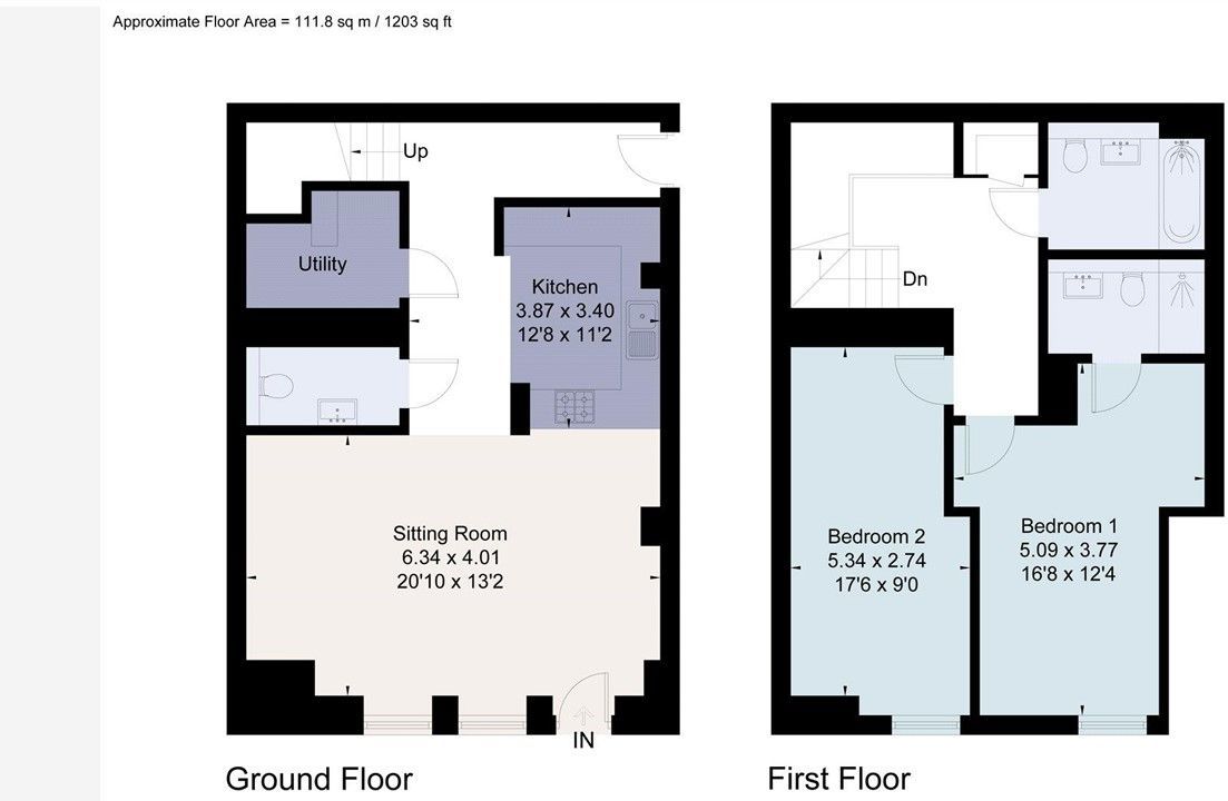 Floor plans of a two-story house, detailing the layout with room dimensions.