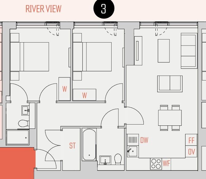 Floor plan of a 2-bedroom apartment with a living room, dining area, and kitchen; labeled 