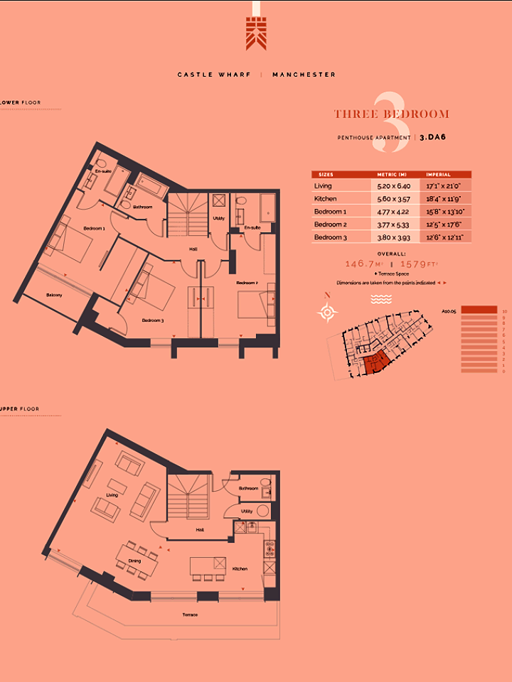 Floor plan of a three-bedroom apartment in Manchester. Two levels are displayed.