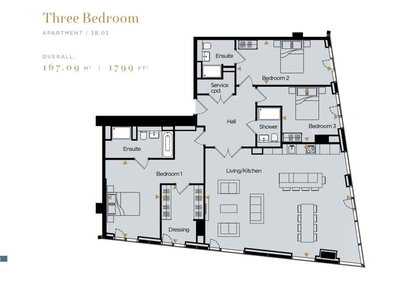 Floor plan of a three-bedroom apartment with kitchen, dining, and living areas.
