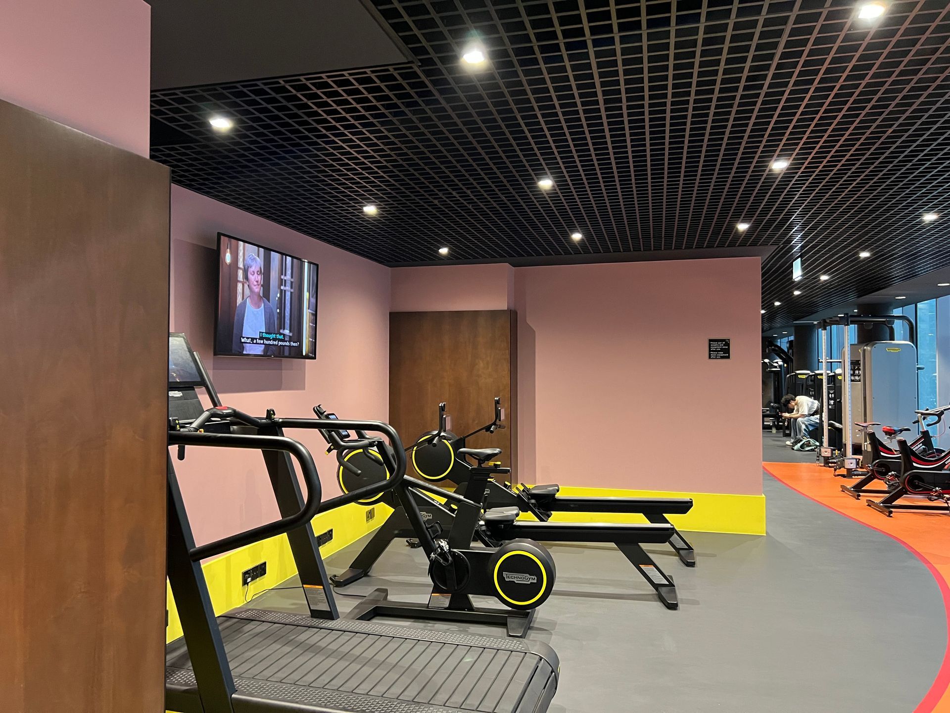 Gym with exercise equipment, including treadmill, rowing machine, and stationary bike. Pink walls, dark ceiling, and a TV.