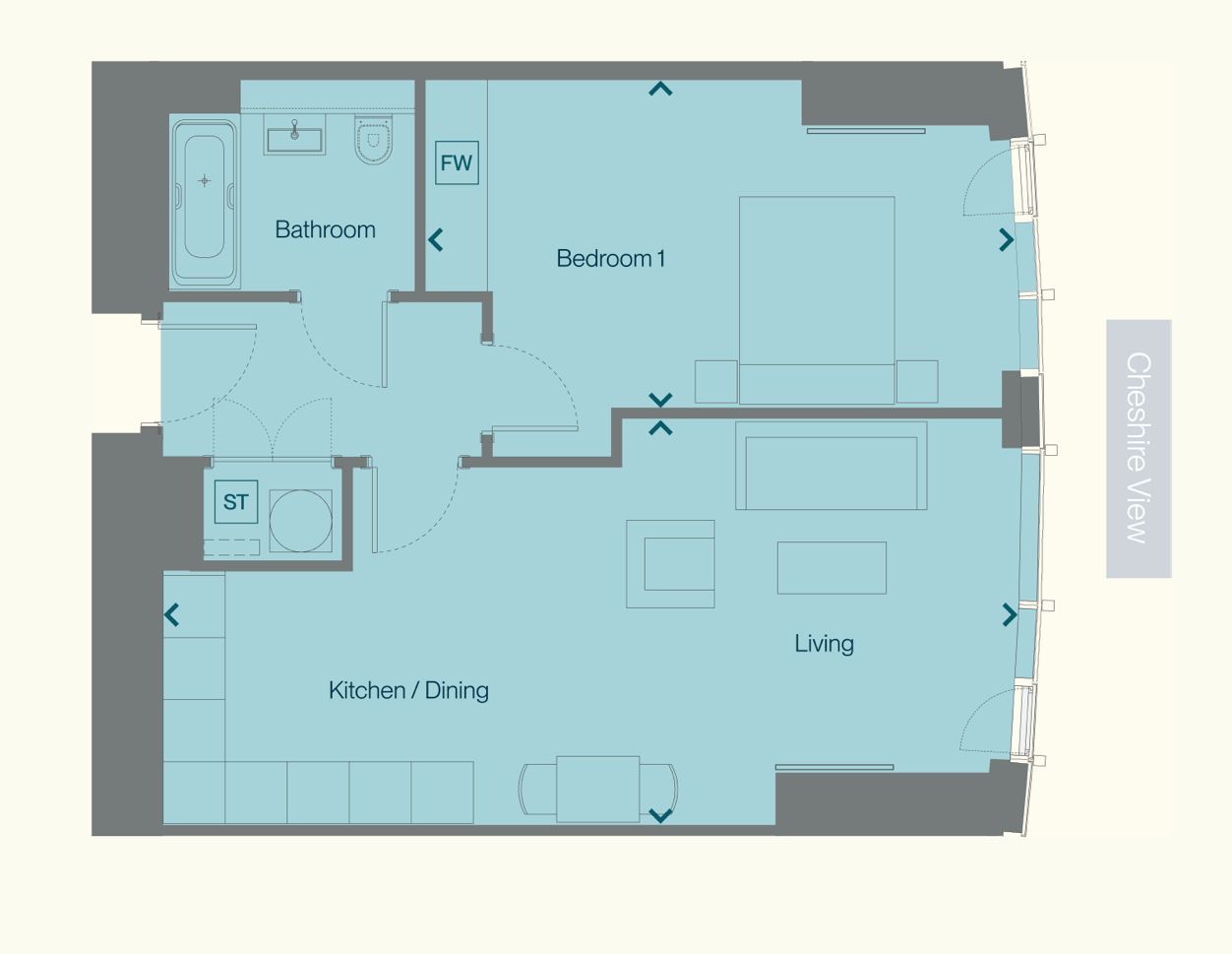 Floor plan of an apartment with a kitchen/dining area, a bathroom, a bedroom, and a lounge, colored in teal.