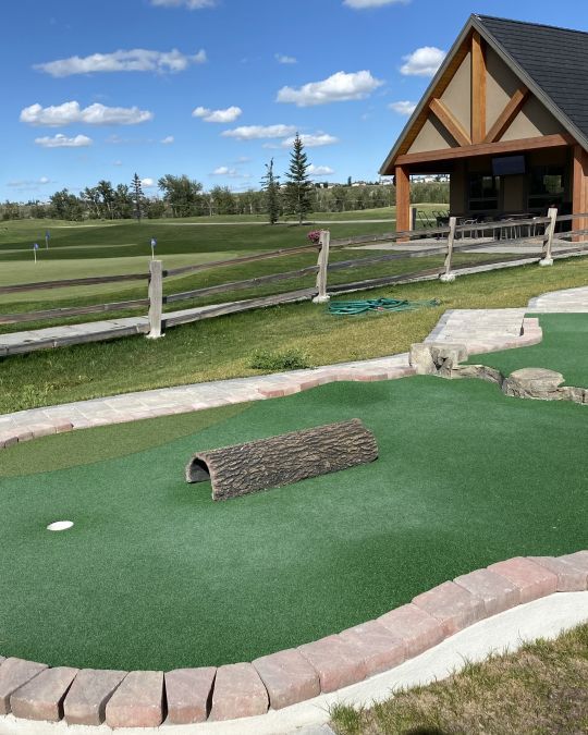 Mini golf course hole with a log tunnel, green turf, and a building under a blue sky.