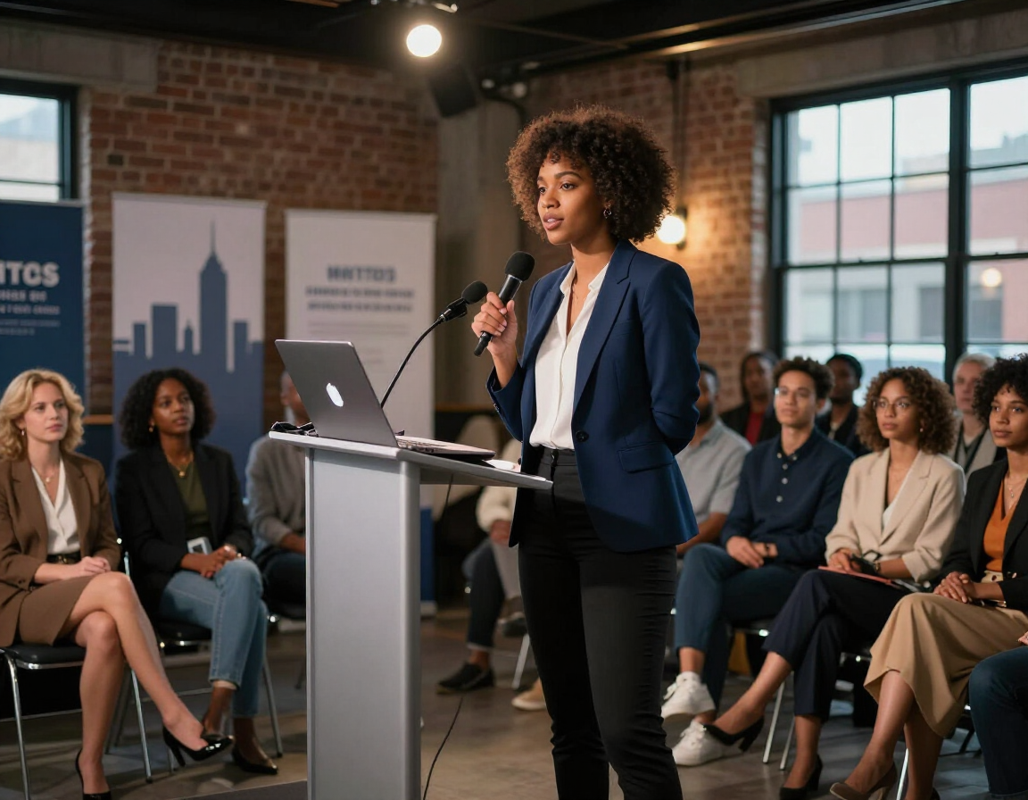Young entrepreneur at small business pitch competition