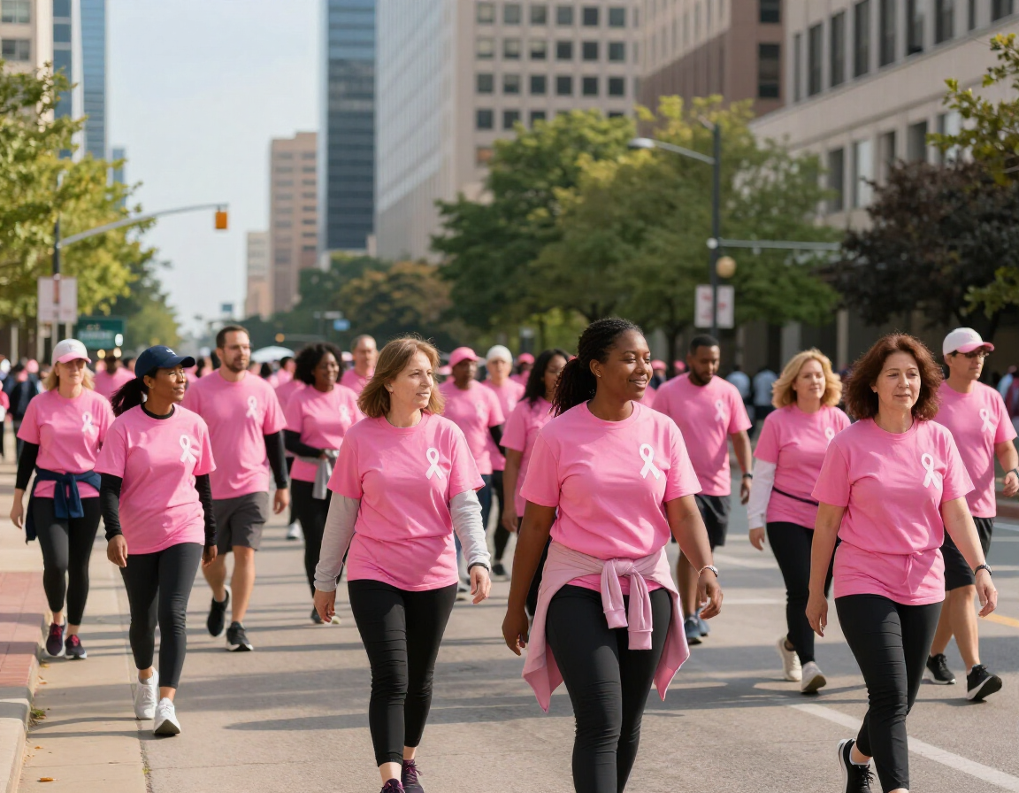 Breast cancer awareness walk participants in pink T-shirts