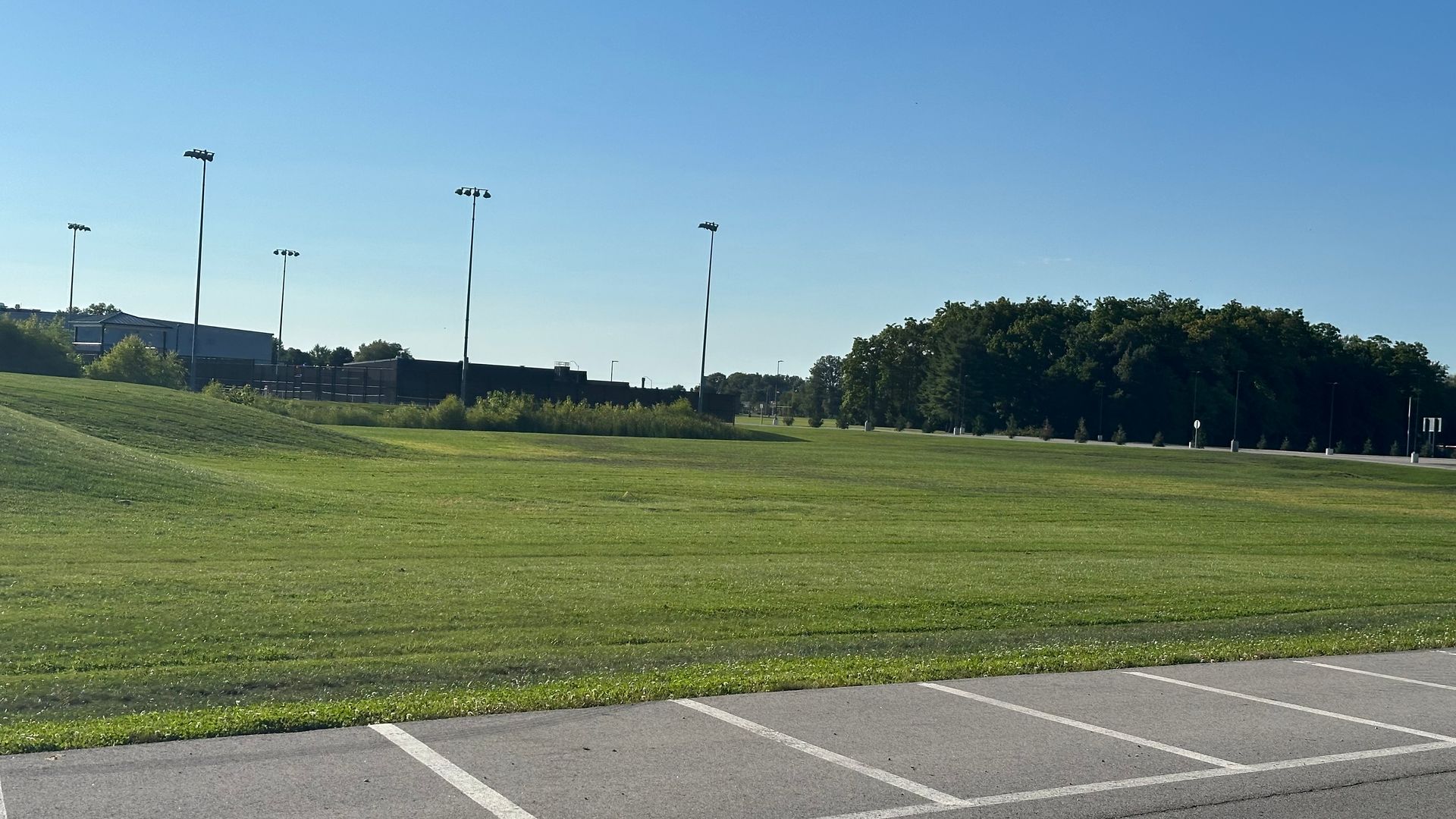 Grassy field with light poles and a line of trees against a clear blue sky. Parking lot in the foreground.
