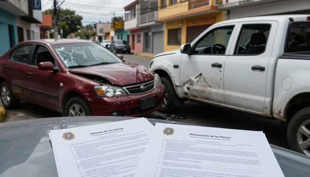 Dos coches tras un accidente en la calle, con dos documentos oficiales en primer plano.