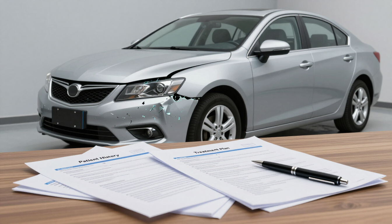 Un sedán plateado detrás de papeles y un bolígrafo sobre un escritorio, lo que sugiere documentación de seguro de automóvil o de compraventa.
