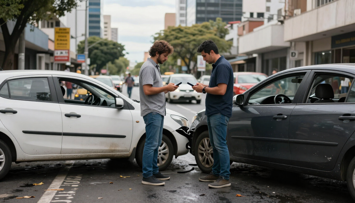 Dos hombres se encuentran entre dos coches accidentados en una calle de la ciudad, evaluando los daños tras una colisión.