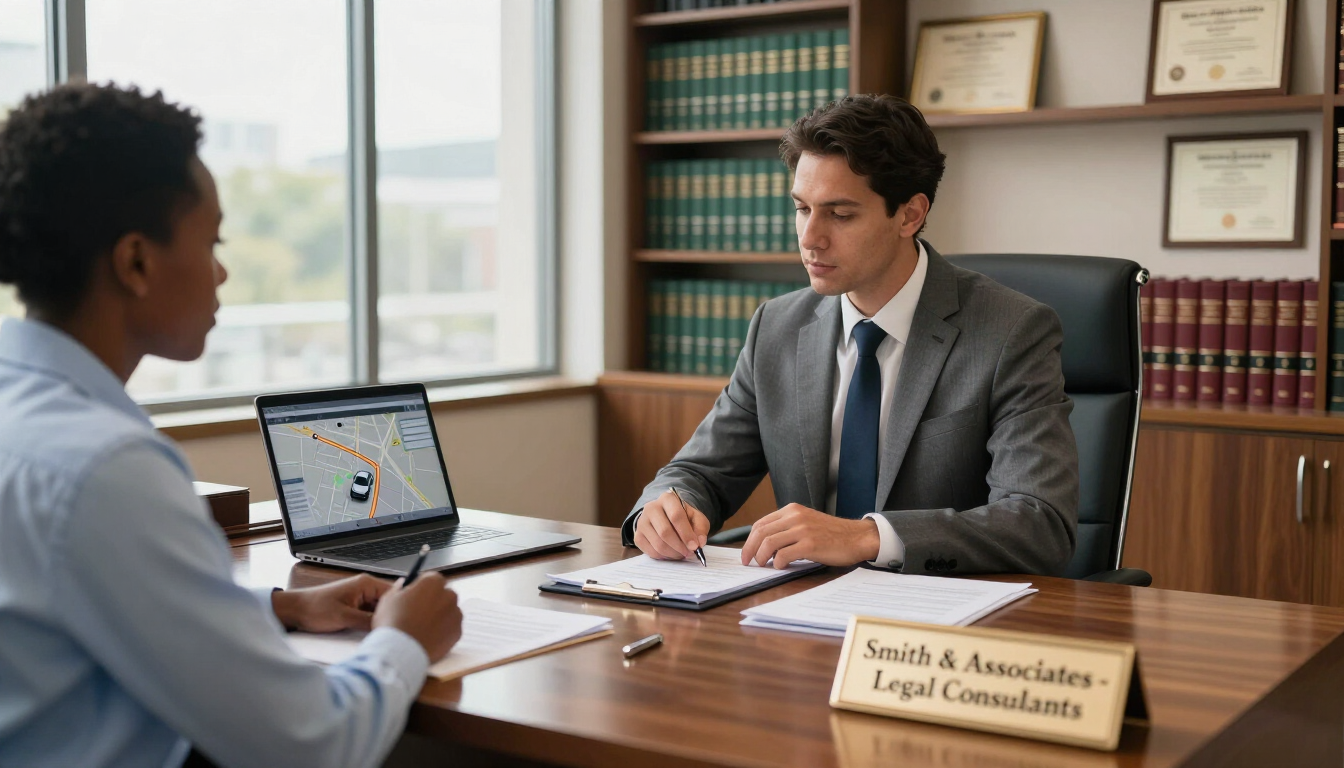 Reunión con un cliente en un bufete de abogados, con un ordenador portátil, documentos y un cartel de escritorio que dice 