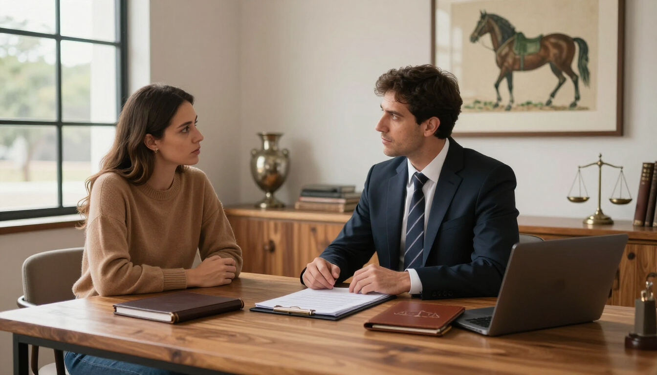Dos personas en una reunión sentadas en un escritorio de madera, conversando en una oficina con un cuadro de un caballo en la pared.