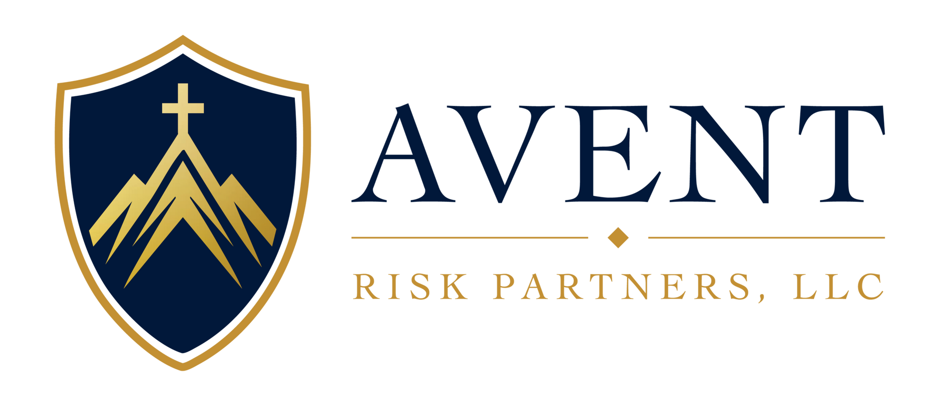 Avent Risk Partners LLC logo with navy shield and gold mountain emblem on white background
