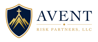 Avent Risk Partners LLC logo with navy shield and gold mountain emblem on white background