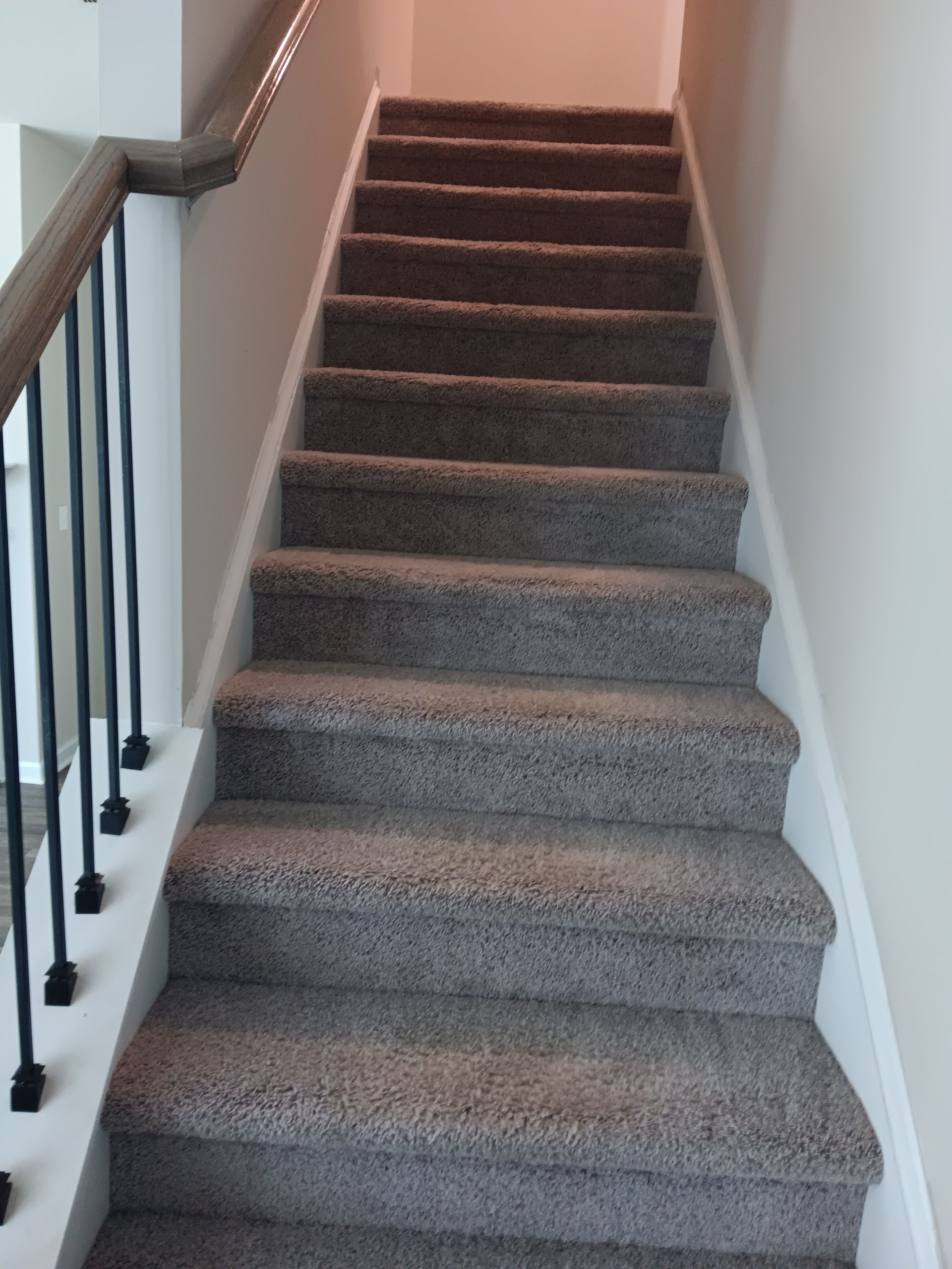 Staircase with gray carpet, white trim, and a dark wooden handrail, leading upwards.