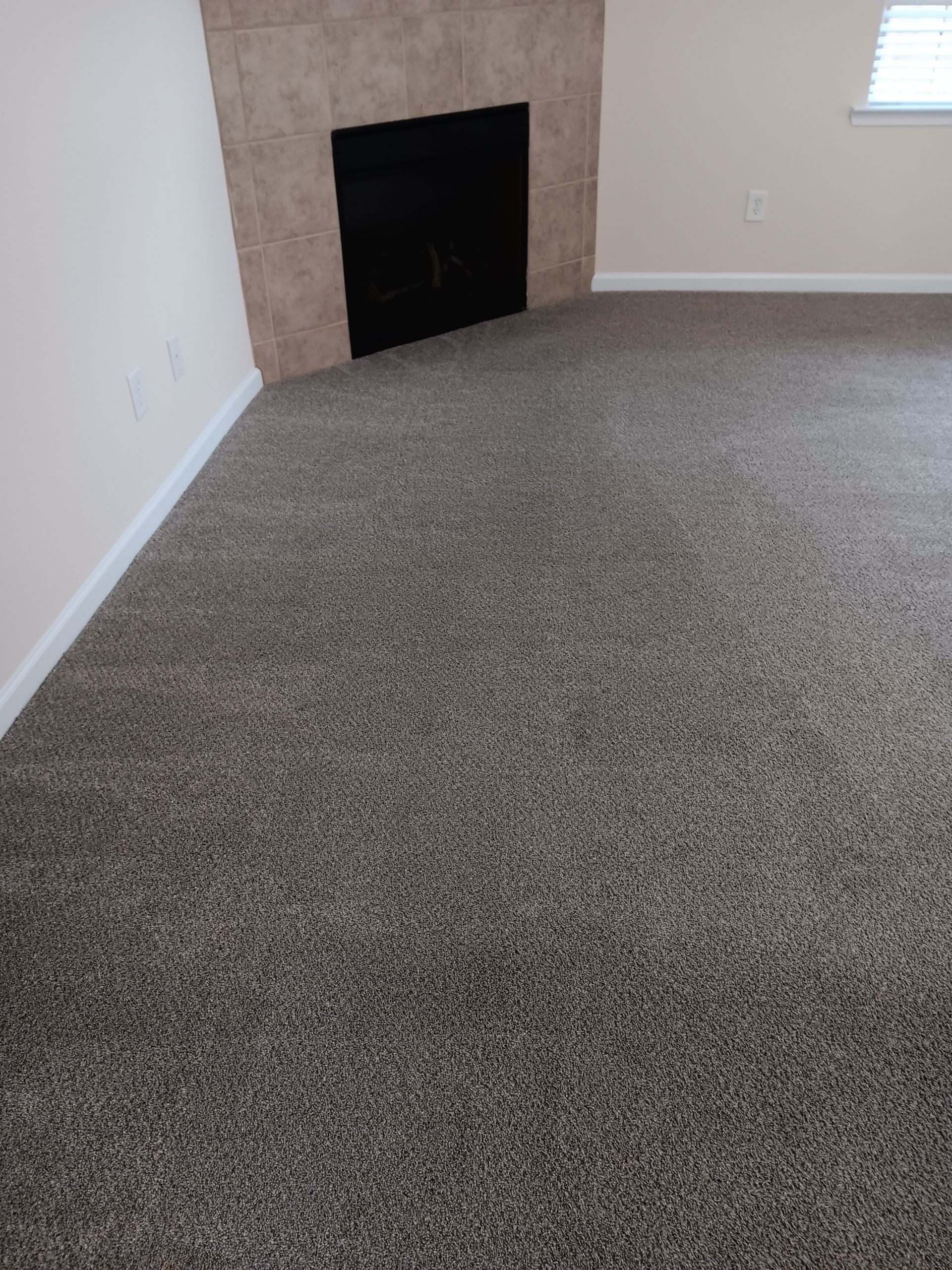 Brown carpeted floor in a room with a beige fireplace and light-colored walls.