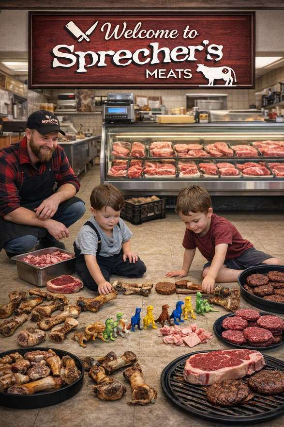 Family at Sprechers Meats counter surrounded by trays of assorted meat cuts and sausages
