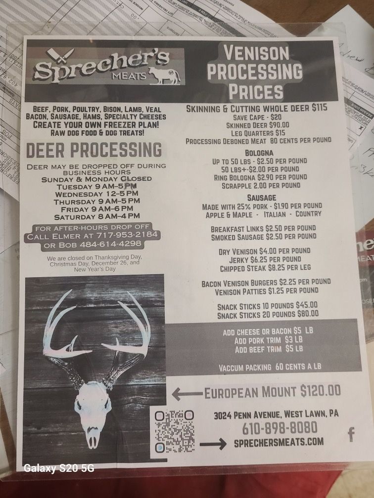 Flyer for Sprecher’s deer and venison processing prices, with a buck skull graphic and contact details