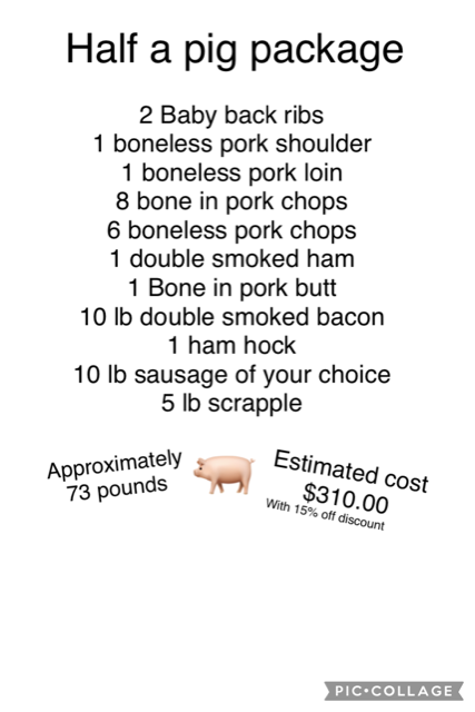 Half pig package listing assorted pork cuts, approximately 73 pounds, estimated cost $310