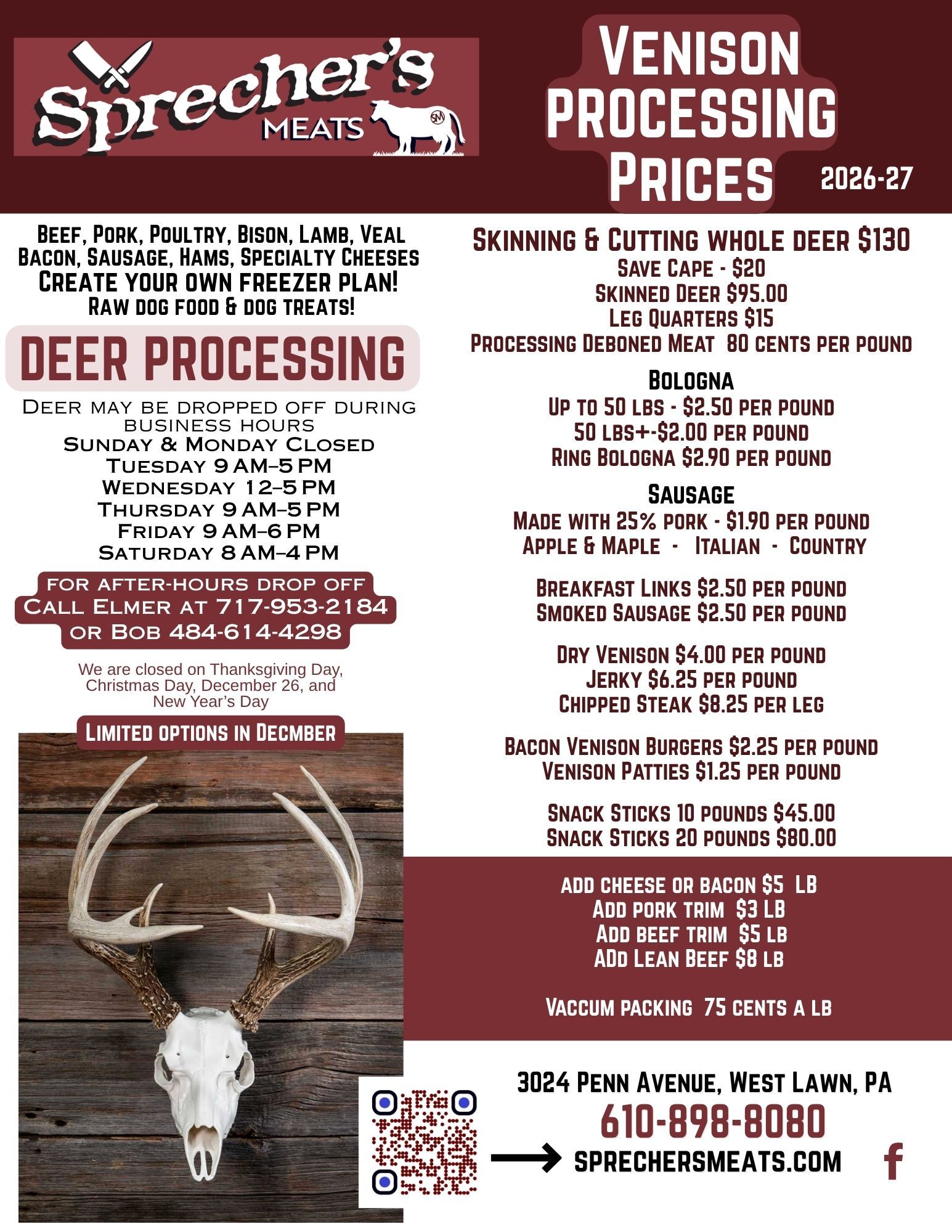 Sprecher’s Meats venison processing prices flyer with deer logo and contact details on white background