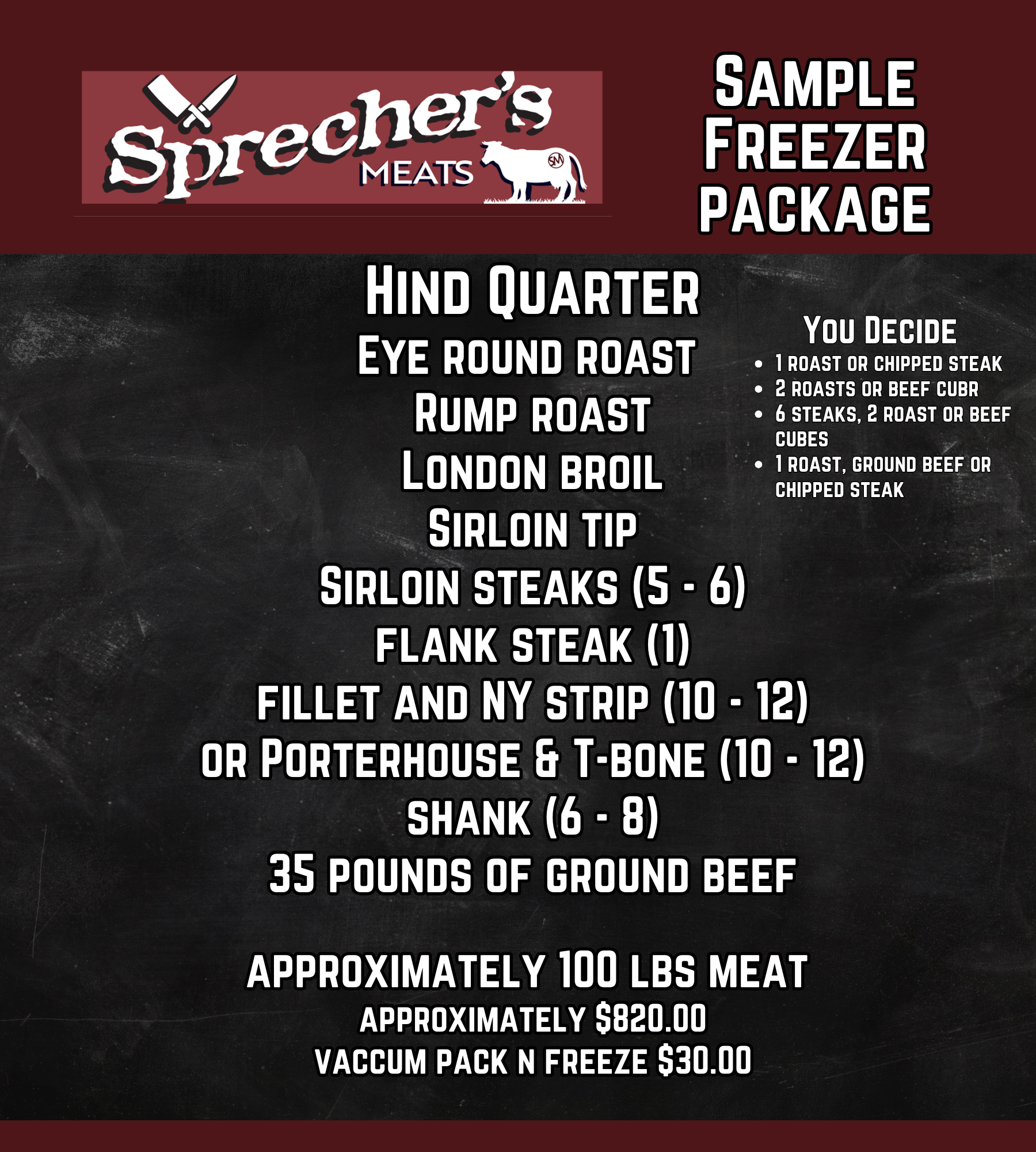 Sprecher’s Meats sample freezer package flyer with cuts list and about 100 lbs of meat for $220.