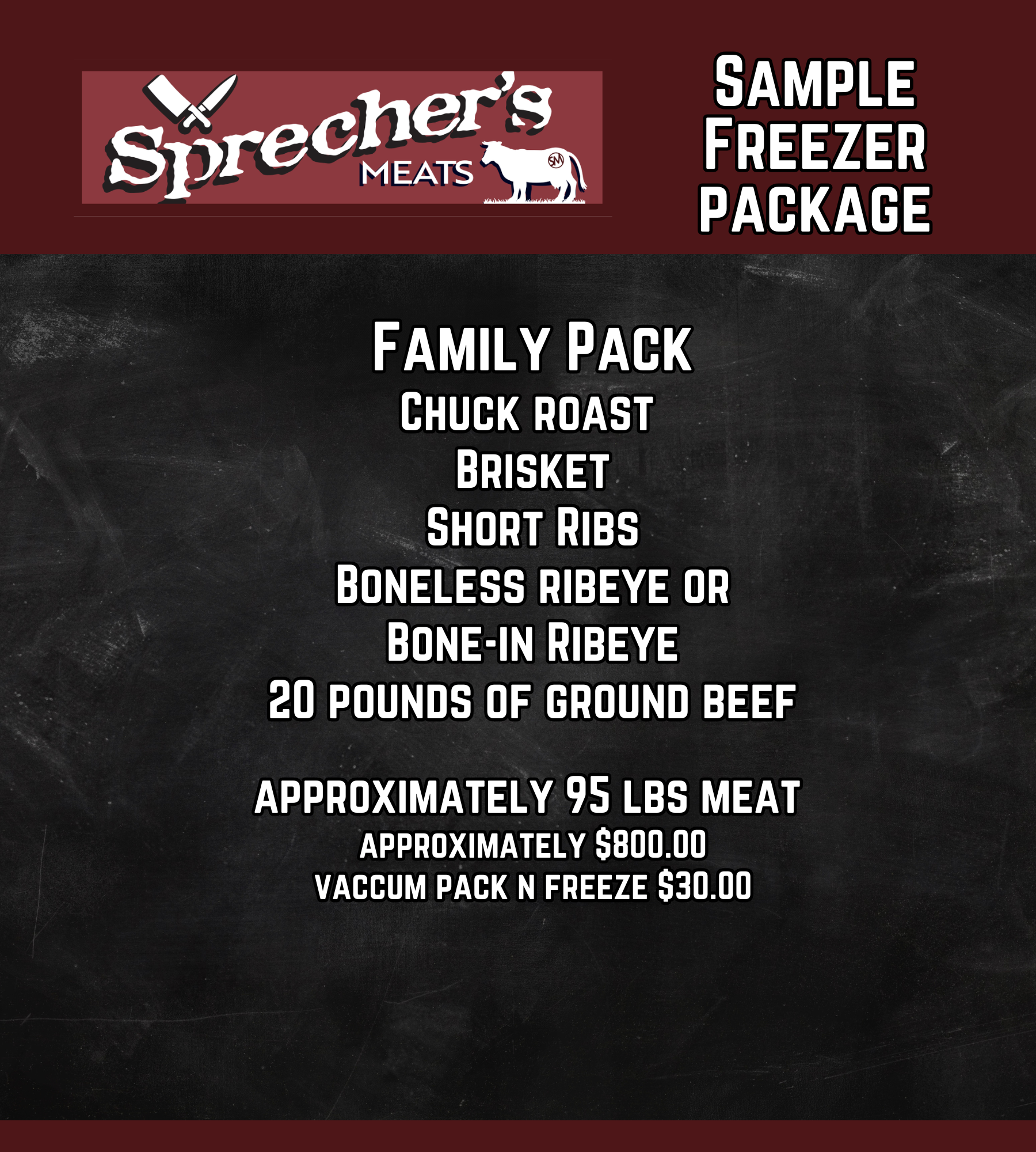 Sprecher’s Meats sample freezer package ad with family pack meats and prices on a dark chalkboard background