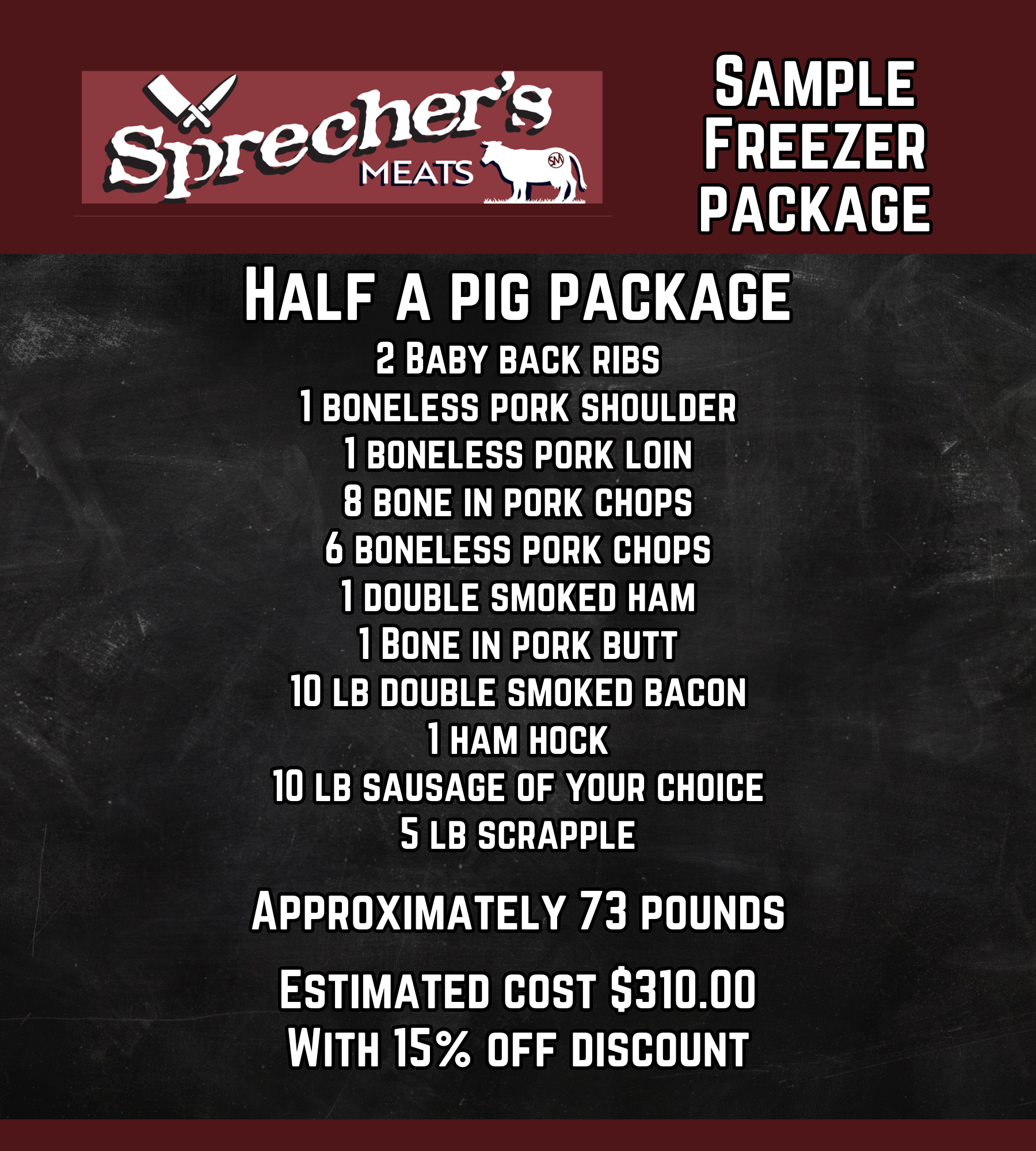 Sprecher's Meals sample freezer package ad on dark background, listing meats and $310 estimated cost with 15% discount