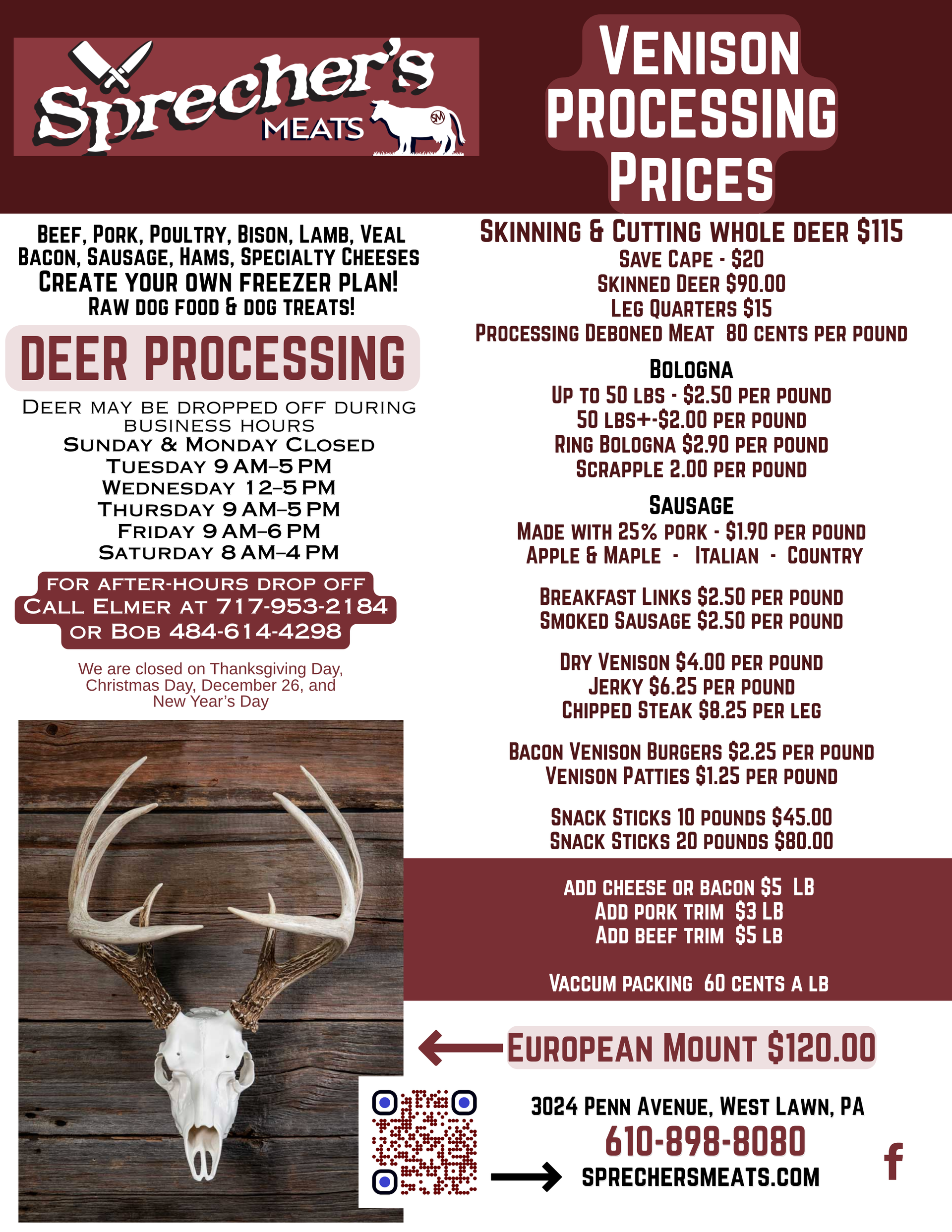 Sprecher’s Meats venison processing prices flyer with deer logo and contact details on white background
