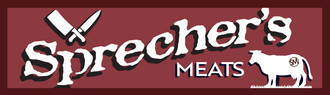 Sprecher’s Meats logo in white on a red background with a small white cow illustration
