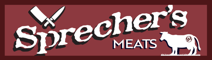 Sprecher’s Meats logo in white on a red background with a small white cow illustration