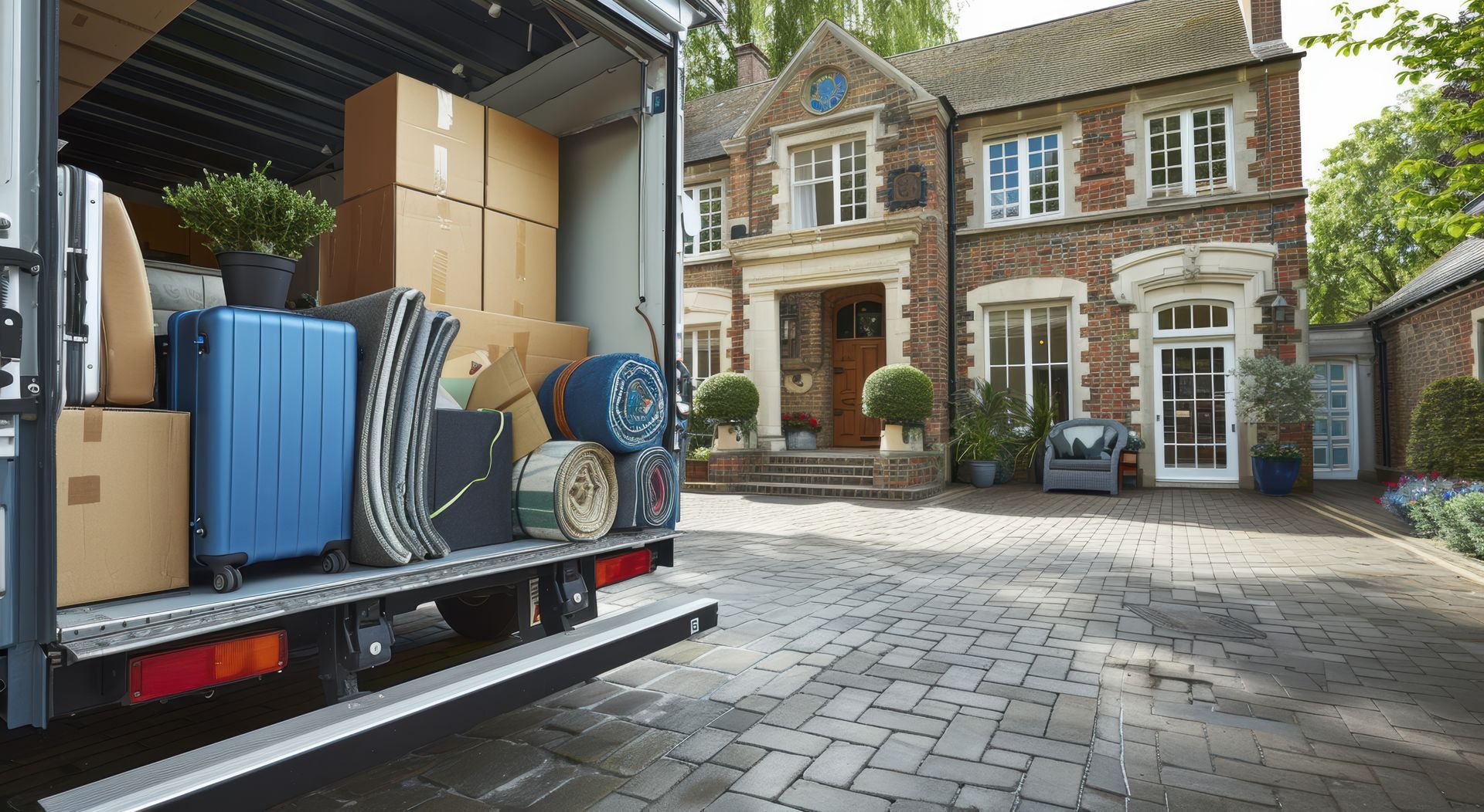 A moving truck parked in the driveway of a new home