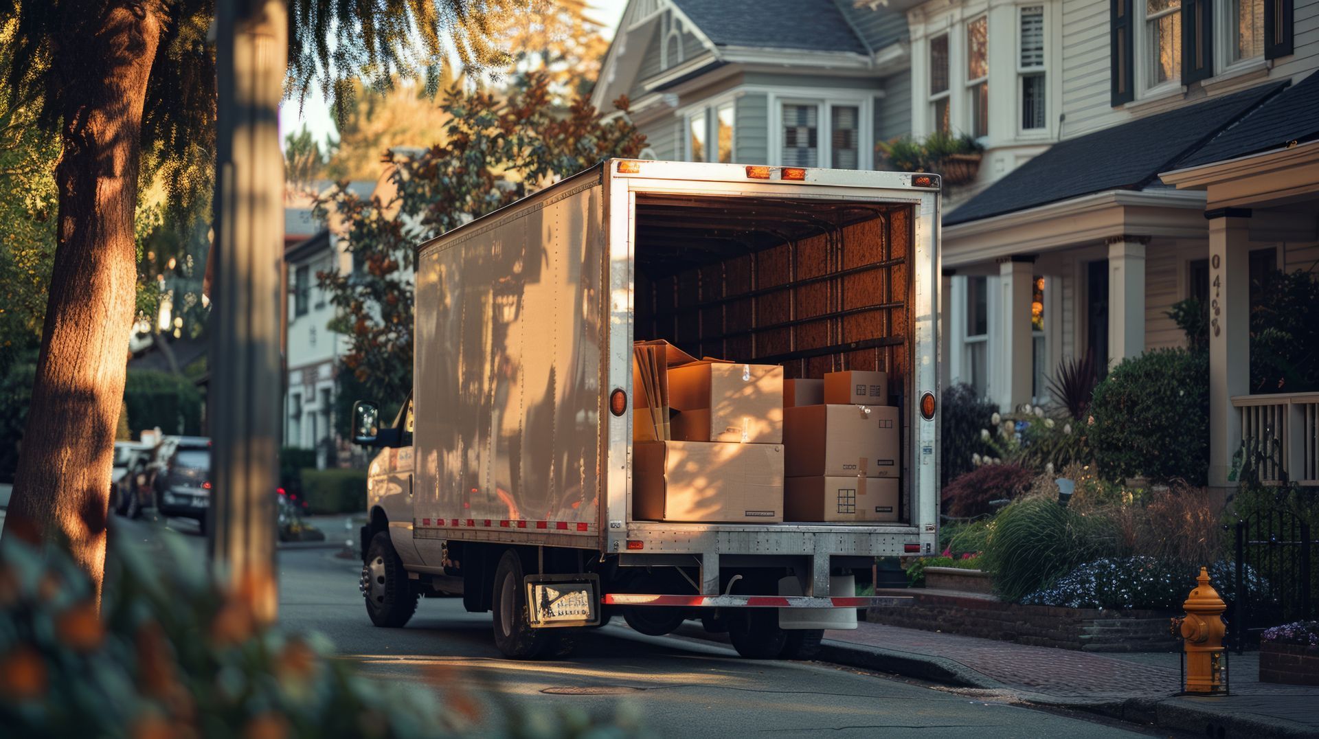 A moving truck in front of a residential home after a long-distance move.