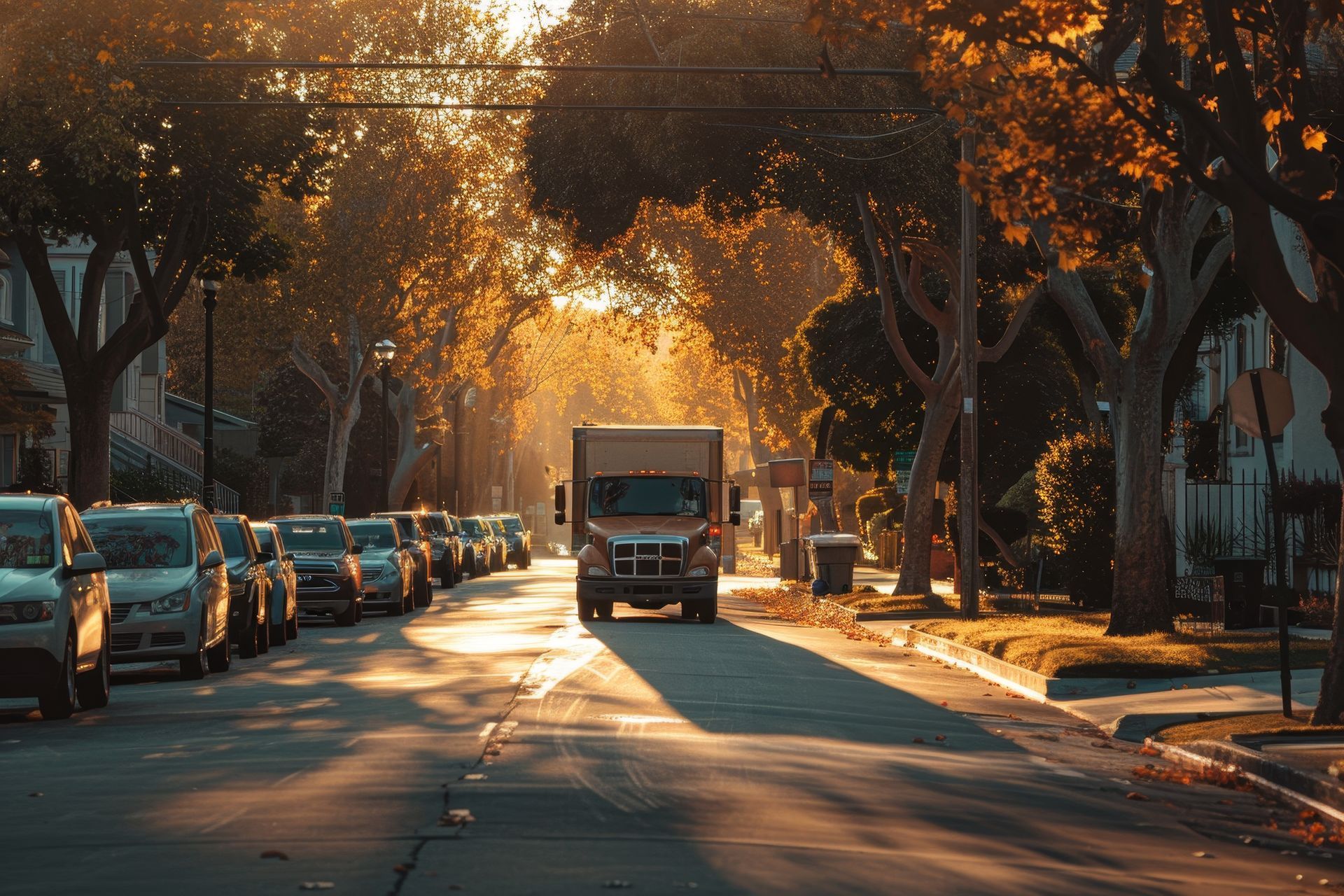 A moving truck driving down a residential street under a canopy of autumn leaves