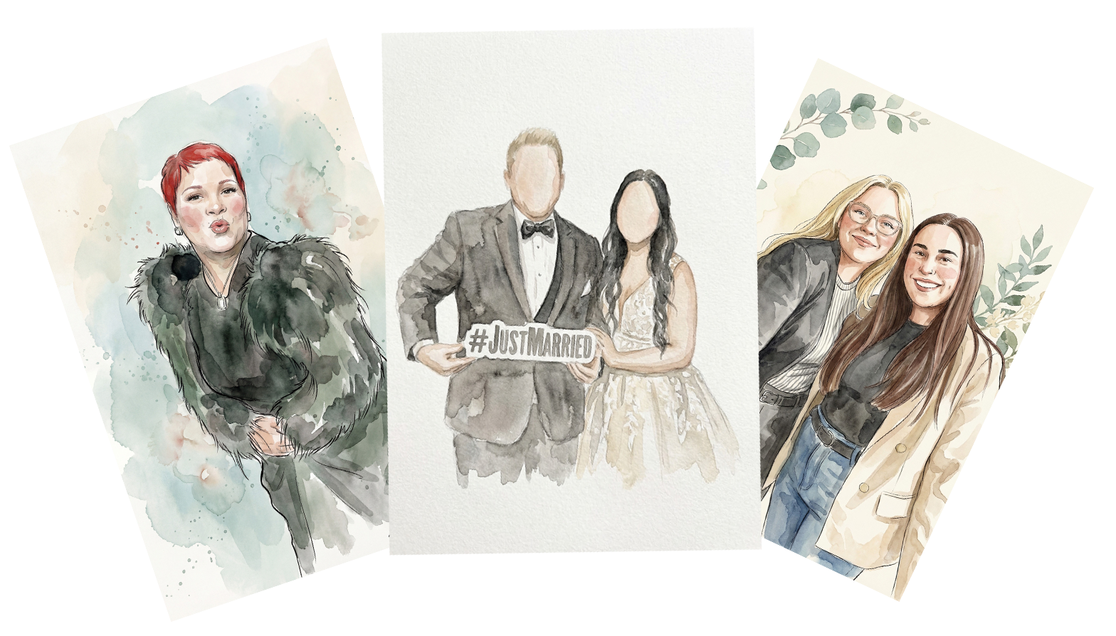 Watercolor-style photo booth prints of event guests